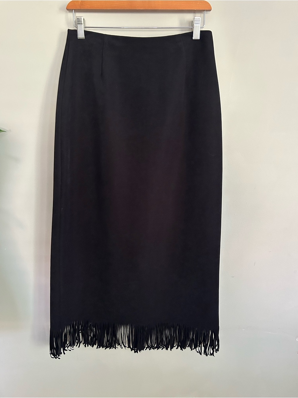 Vintage Clio Black Fringe Hem Midi Skirt Y2K Boho Minimalist